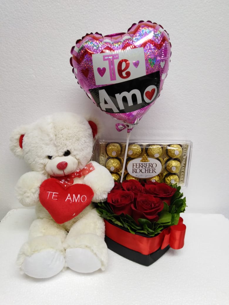 Caja corazn con 6 Rosas ms Bombones Ferrero Rocher 150 Grs, Peluche con corazn 30cm y Globito
